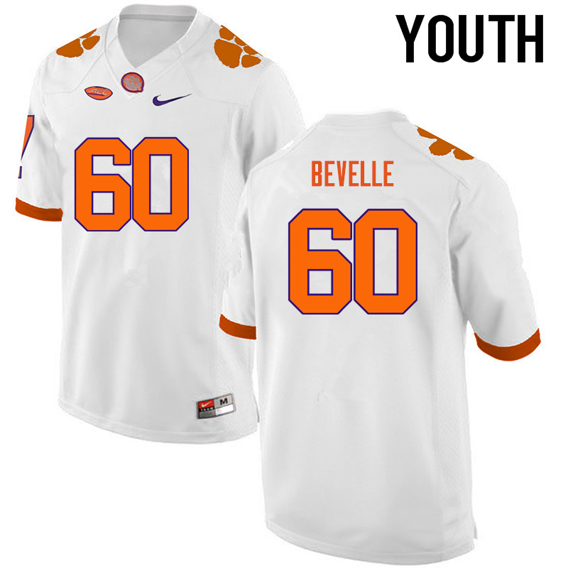 Youth Clemson Tigers #60 Kelby Bevelle College Football Jerseys-White